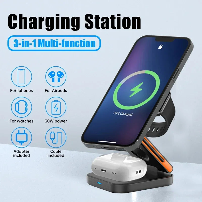 Ultimate 30W 3-in-1 Foldable Magnetic Wireless Charging Station for iPhone 15, Apple Watch 8, and AirPods Pro - Fast and Portable!